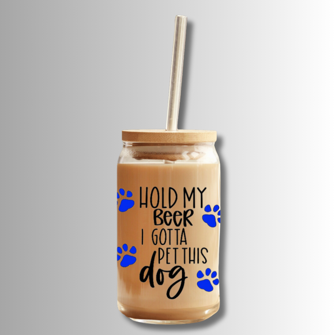 Hold My Beer, I Gotta Pet This Dog: 16oz Glass Cup Set with Bamboo Lid & Straw - Sew chipper Sew chipper