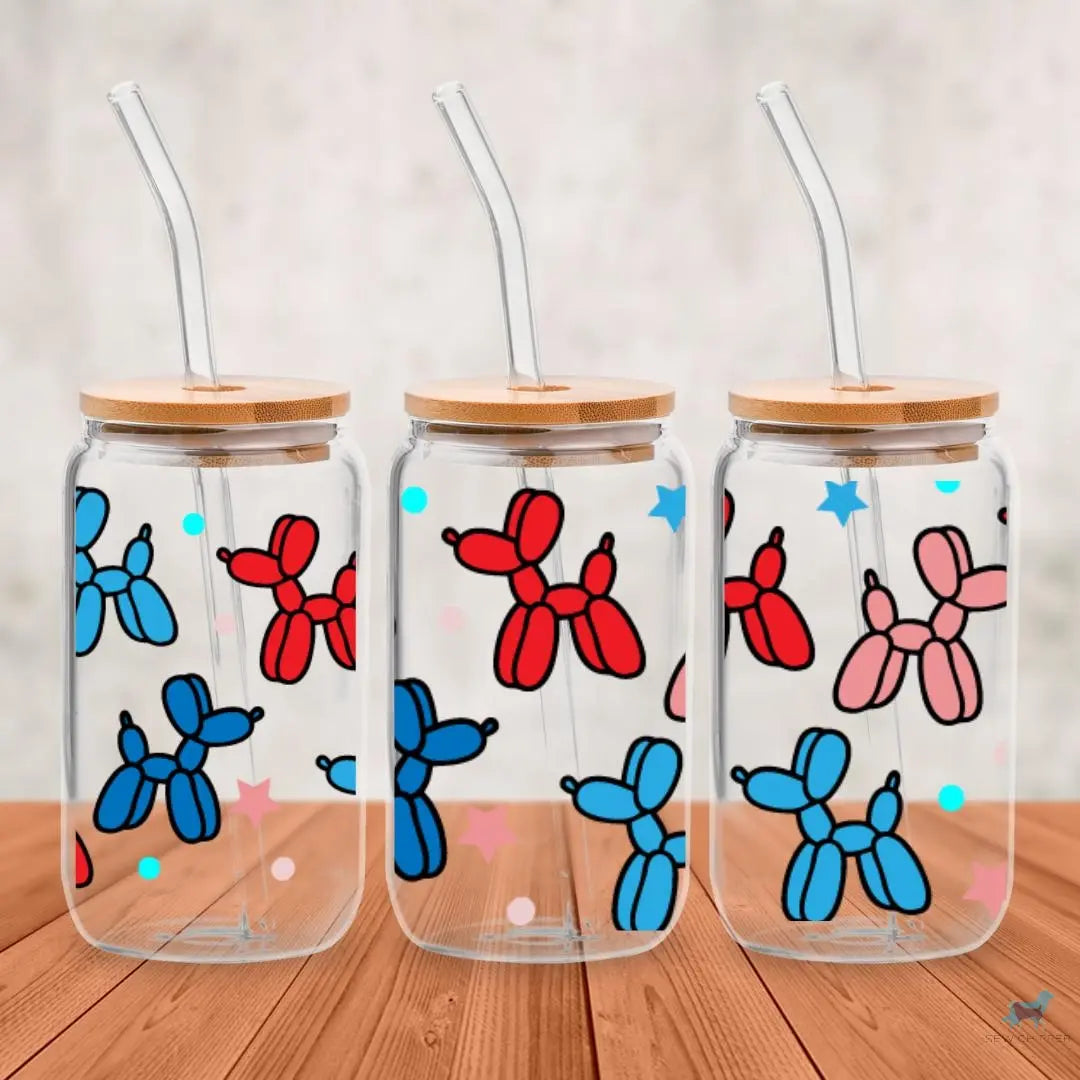 Balloon Dog: 16oz Glass Cup Set with Bamboo Lid & Straw Sew chipper