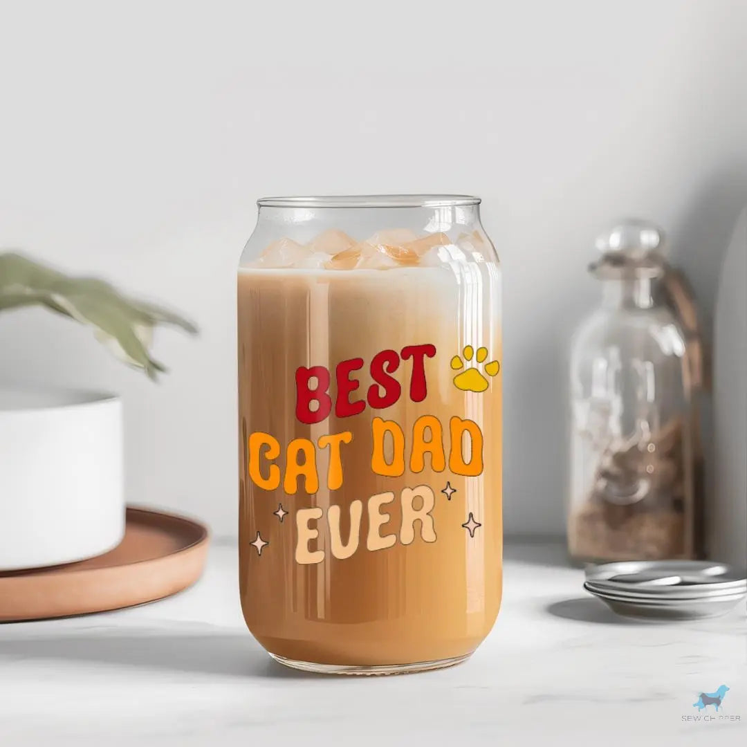 Best Cat Dad Ever: 16oz Glass Cup Set with Bamboo Straw Sew chipper