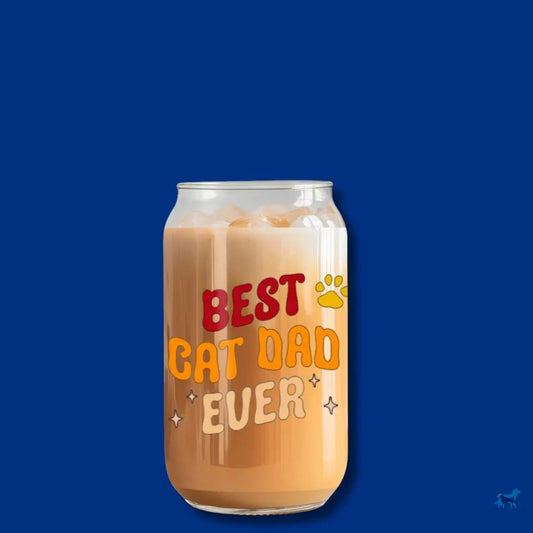 Best Cat Dad Ever: 16oz Glass Cup Set with Bamboo Straw Sew chipper