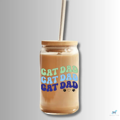 Cat Dad: 16oz Glass Cup Set with Bamboo Lid & Straw Sew chipper