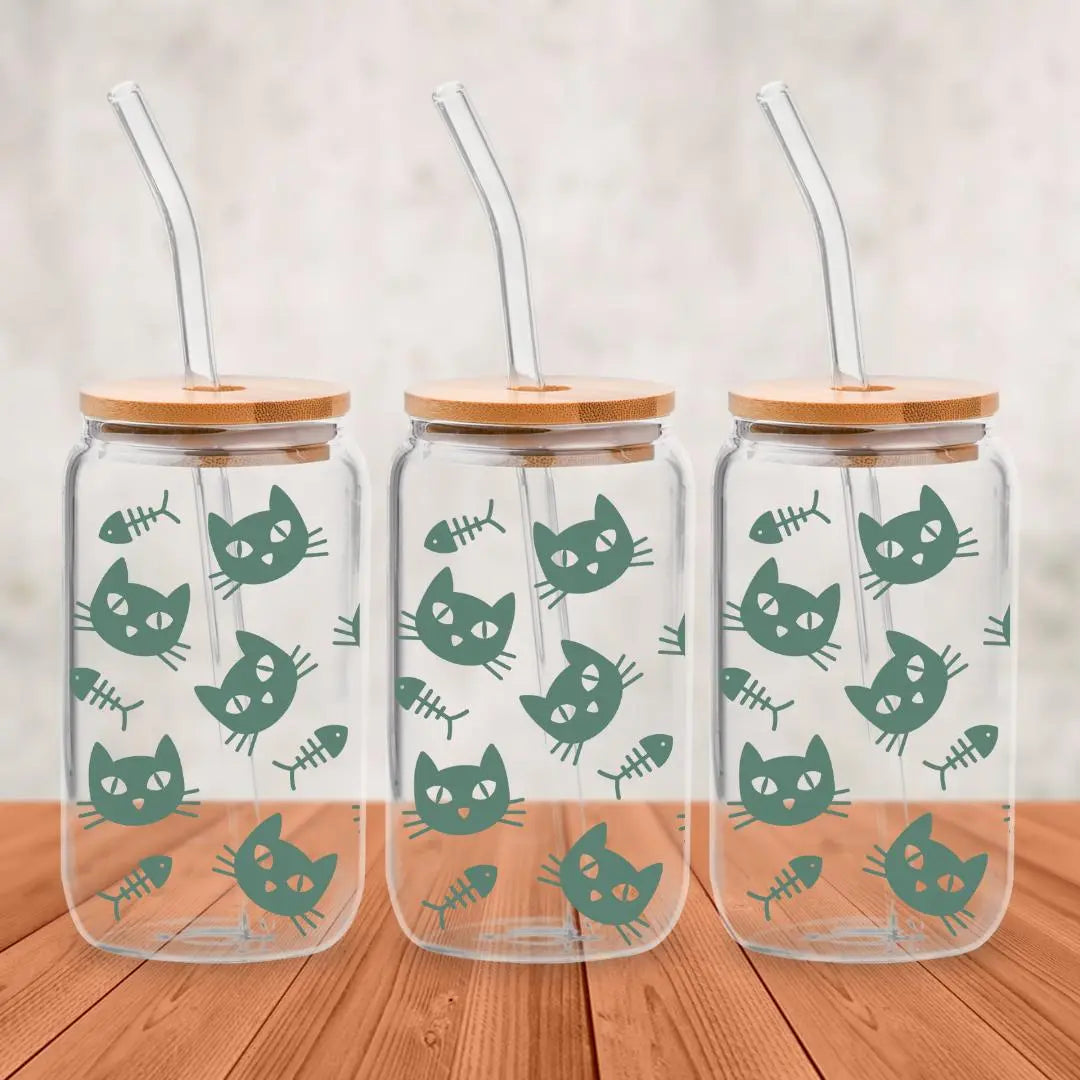 Cat Face Fish Bone: 16oz Glass Cup Set with Bamboo Lid & Straw Sew chipper