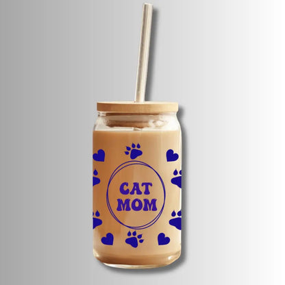 Cat Mom Paws: 16oz Glass Cup Set with Bamboo Lid & Straw Sew chipper