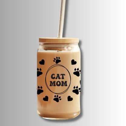 Cat Mom Paws: 16oz Glass Cup Set with Bamboo Lid & Straw Sew chipper
