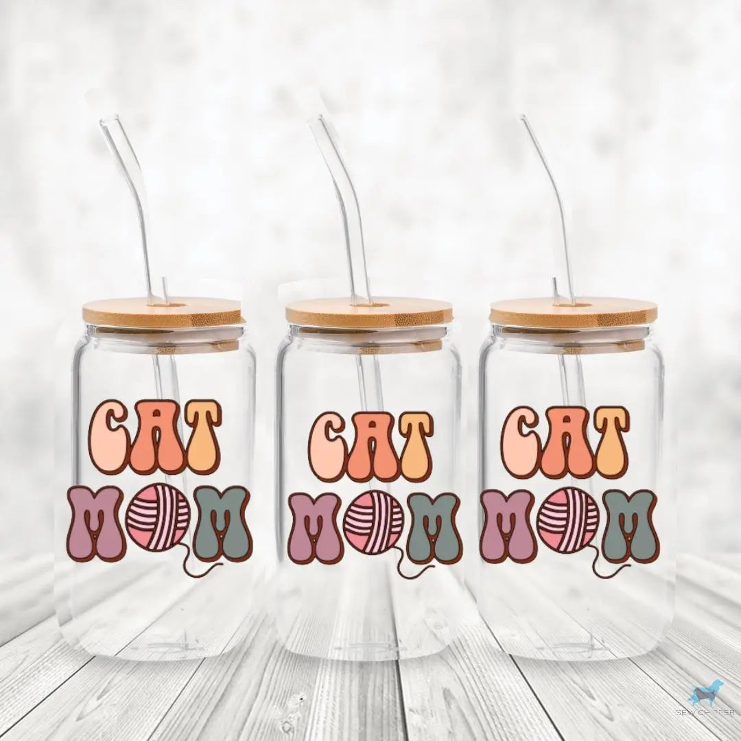 Cat Mom: 16oz Glass Cup Set with Bamboo Lid & Straw Sew chipper