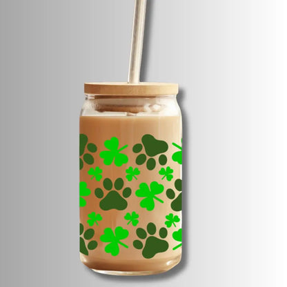 Clovers & Paws: 16oz Glass Cup Set with Bamboo Lid & Straw Sew chipper