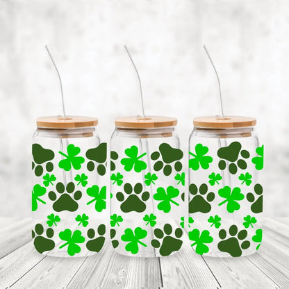 Clovers & Paws: 16oz Glass Cup Set with Bamboo Lid & Straw Sew chipper