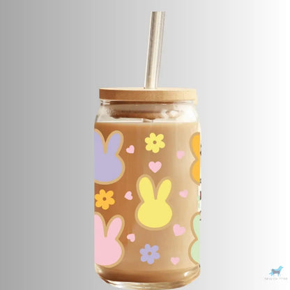Colored Bunnies: 16oz Glass Cup Set with Bamboo Lid & Straw Sew chipper
