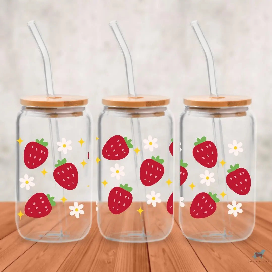 Daisy & Strawberry: 16oz Glass Cup Set with Bamboo Lid & Straw Sew chipper