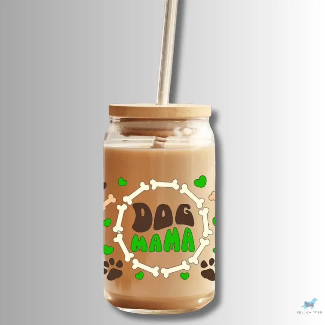 Dog Mama: 16oz Glass Cup Set with Bamboo Lid & Straw Sewchipper
