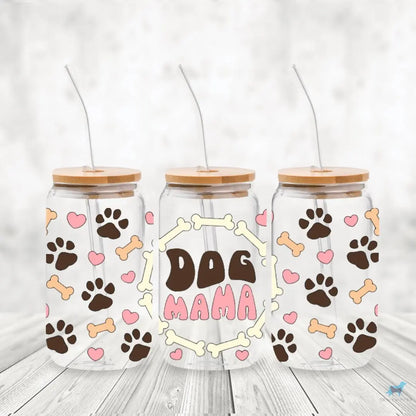 Dog Mama: 16oz Glass Cup Set with Bamboo Lid & Straw Sewchipper