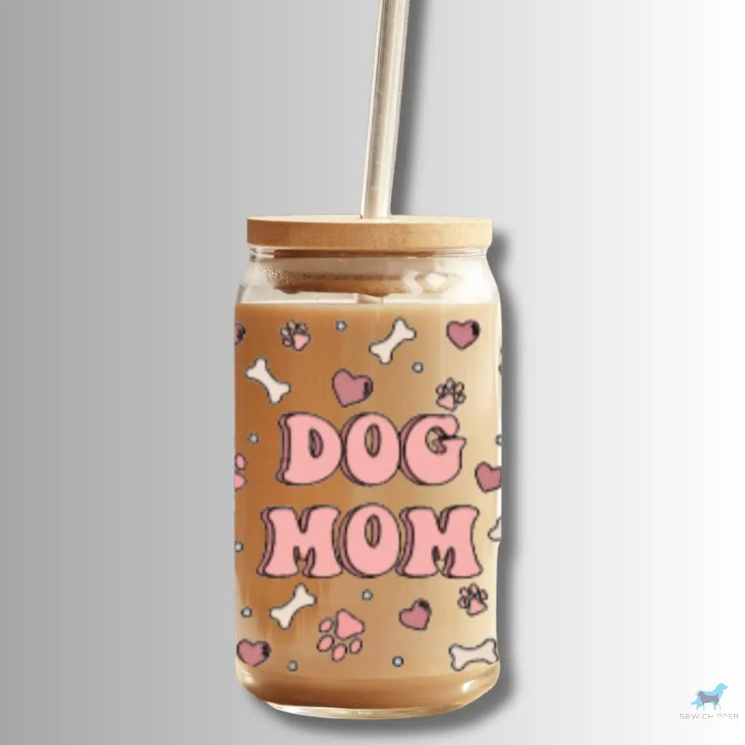 Dog Mom Hearts 16oz Glass Cup Set with Bamboo Lid & Straw Sew chipper