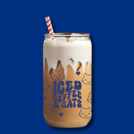 Iced Coffee & Cats: 16oz Glass Cup Set with Bamboo Lid & Straw