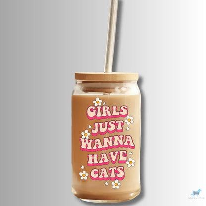 Girls Just Wanna Have Cats: 16oz Glass Cup Set with Bamboo Lid & Straw Sew chipper