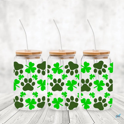 Green Clovers & Paws: 16oz Glass Cup Set with Bamboo Lid & Straw Sew chipper