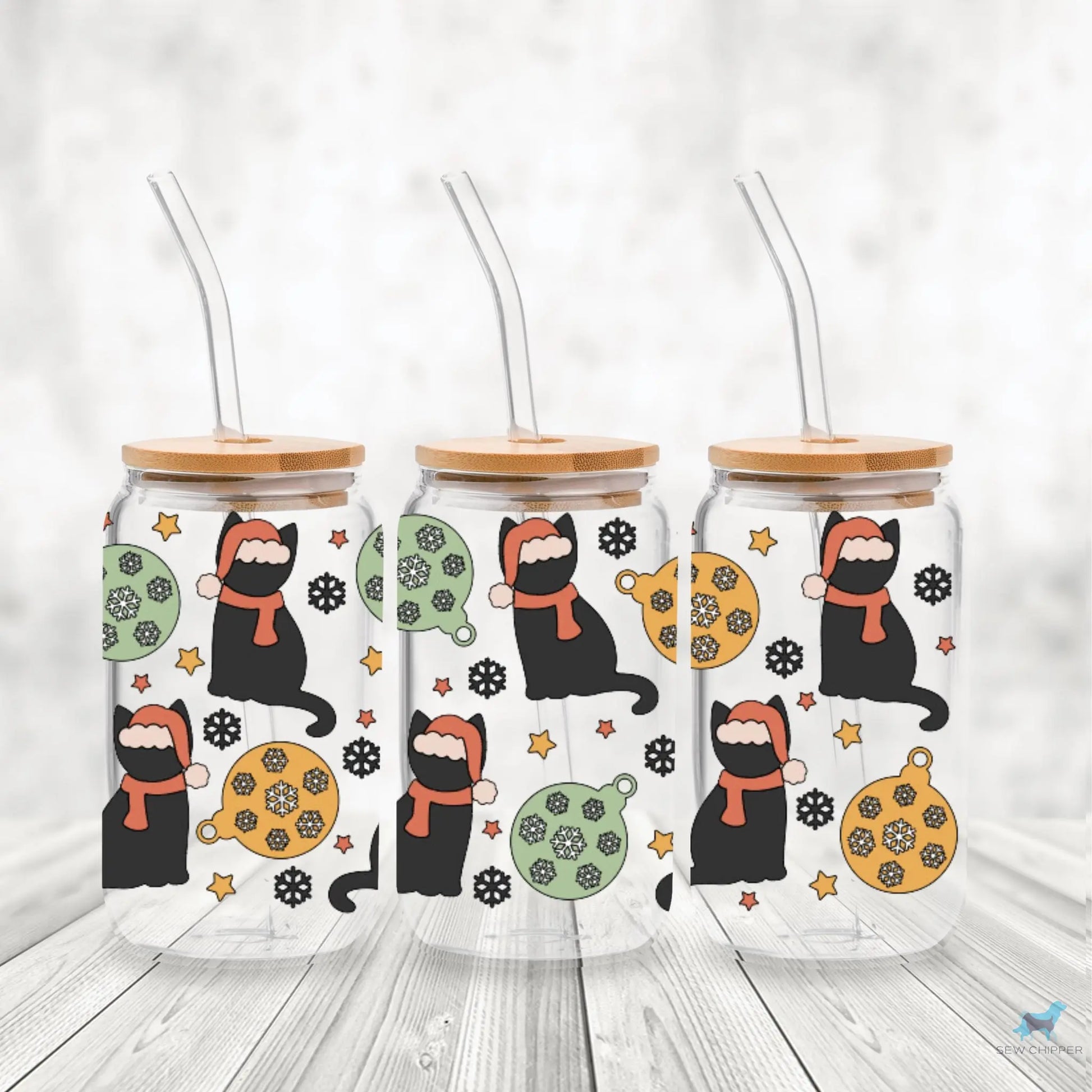 Holiday Cat: 16oz Glass Cup Set with Bamboo Lid & Straw Sew chipper