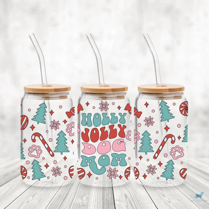 Holly Jolly Cat Mom: 16oz Glass Cup Set with Bamboo Lid & Straw Sew chipper