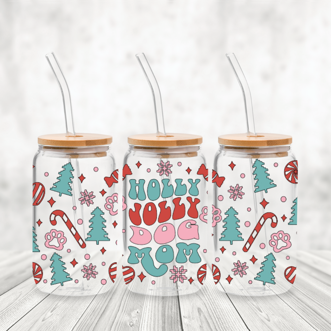 Holly Jolly Dog Mom: 16oz Glass Cup Set with Bamboo Lid & Straw
