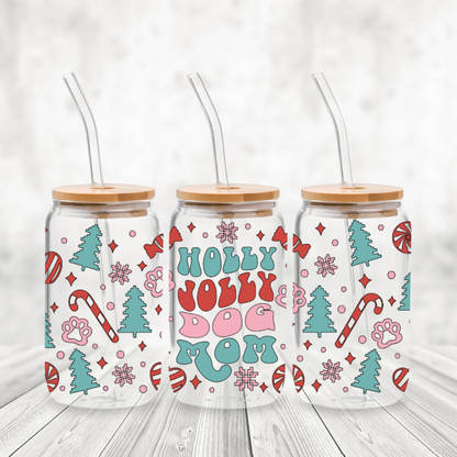 Holly Jolly Dog Mom: 16oz Glass Cup Set with Bamboo Lid & Straw