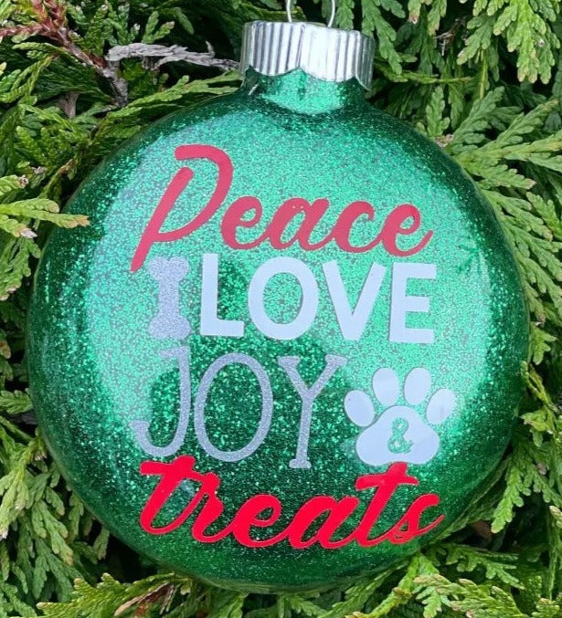 "Peace Love Joy & Treats", Glass Disc Ornament Sewchipper