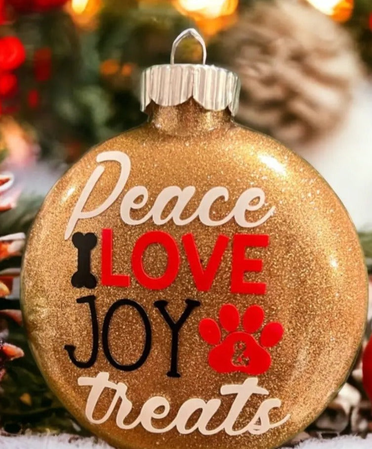 "Peace Love Joy & Treats", Glass Disc Ornament Sewchipper