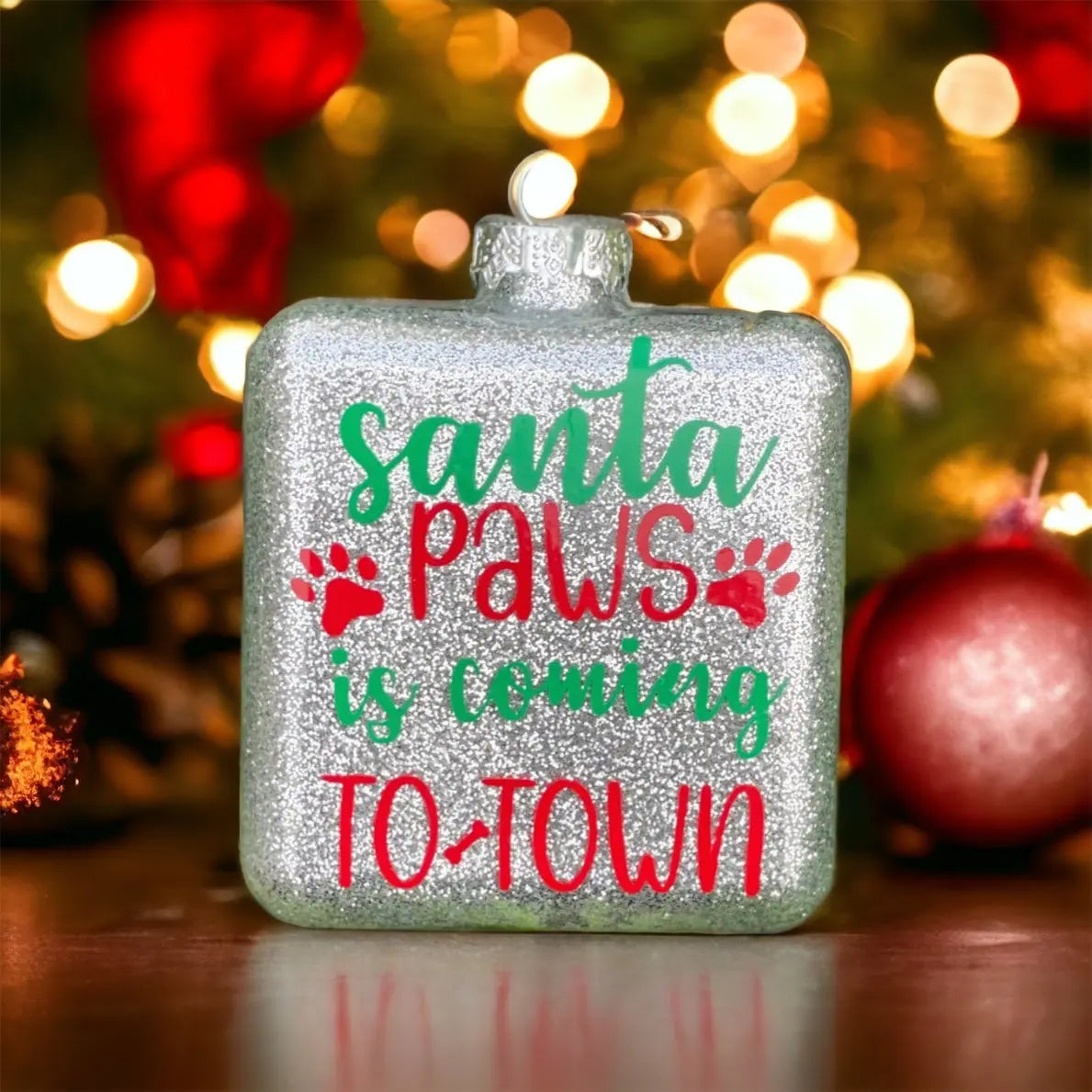 "Santa Paws Is Coming To Town", Glass Square Ornament - Sew chipper 