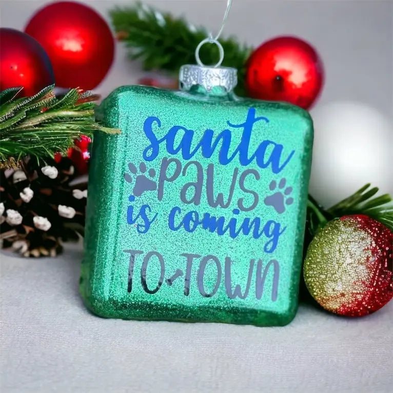 "Santa Paws Is Coming To Town", Glass Square Ornament - Sew chipper 