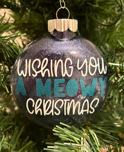 "Wishing you a Meowy Christmas!", Glass Disc Ornament - Sew chipper 