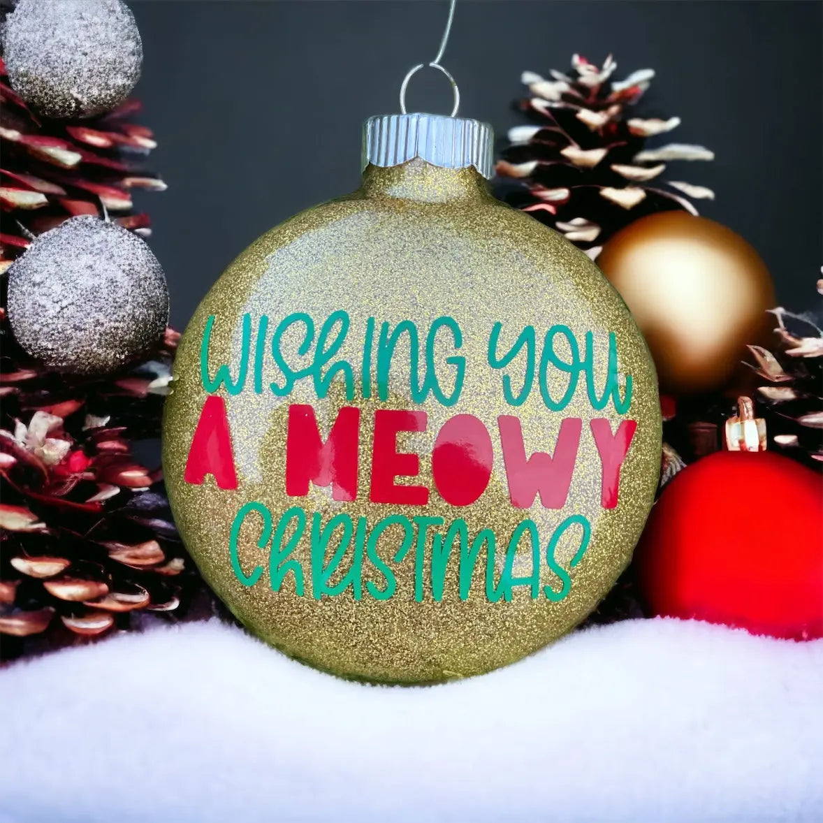 "Wishing you a Meowy Christmas!", Glass Disc Ornament - Sew chipper 